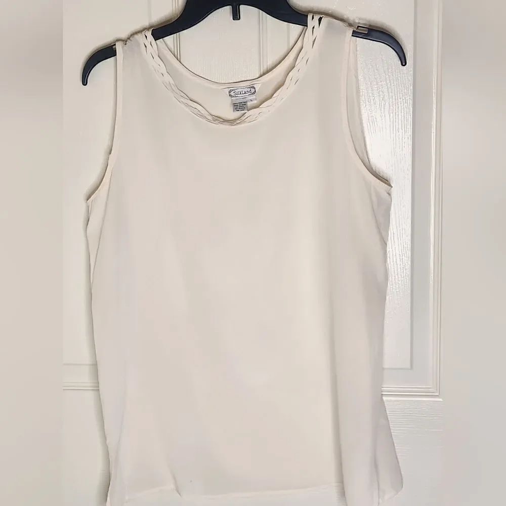 Silkland L Cream 100% Pure SILK Decorated Neck Sleevelss Women's Top Blouse